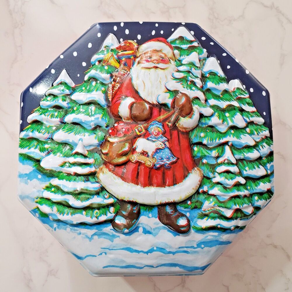 Vintage Ullman Cookie Container Hard Plastic 3D Raised Santa Octagonal 9.5” USA